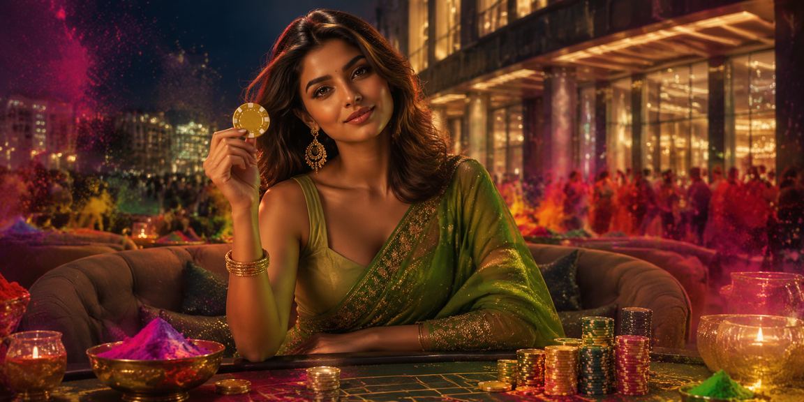 Excited woman playing Andar Bahar online with vibrant saree, Delhi background